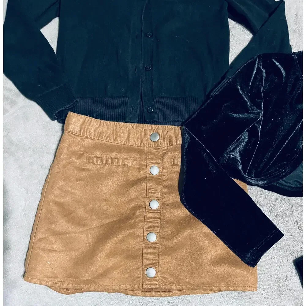 NWOT CP Bundle Tan Brown Skirt 2 Black Cardigans Cotton & Velvet Formal SZ 5-6 - Picture 3 of 9